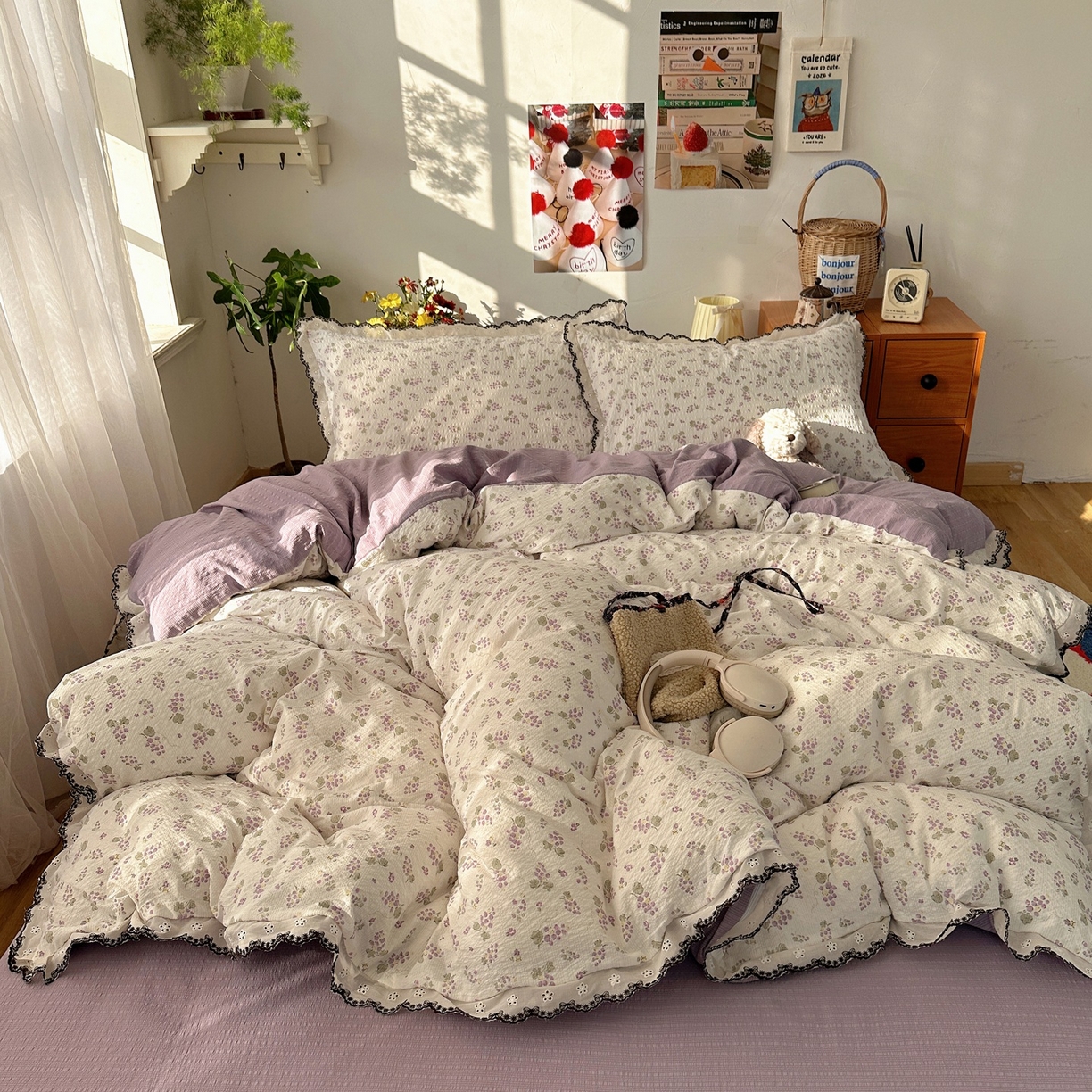 91家纺网 家纺一手货源 找家纺 顾里家纺 2026新款法式复古花边三层纱四件套（会员-2元） 紫葡萄