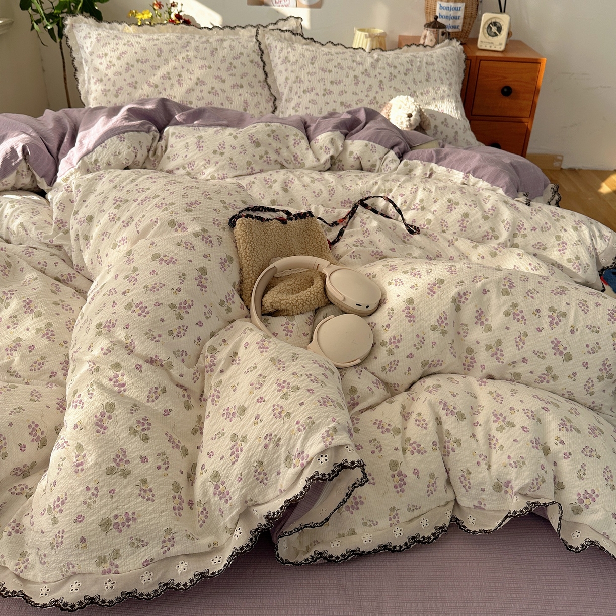 91家纺网 家纺一手货源 找家纺 顾里家纺 2026新款法式复古花边三层纱四件套（会员-2元） 紫葡萄