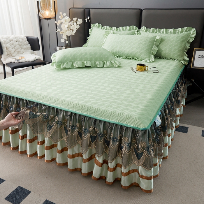 怡源梦 2026新款A类PE聚乙烯冰豆豆提花床裙款席子凉席三件套-梦之约 梦之约-浅绿