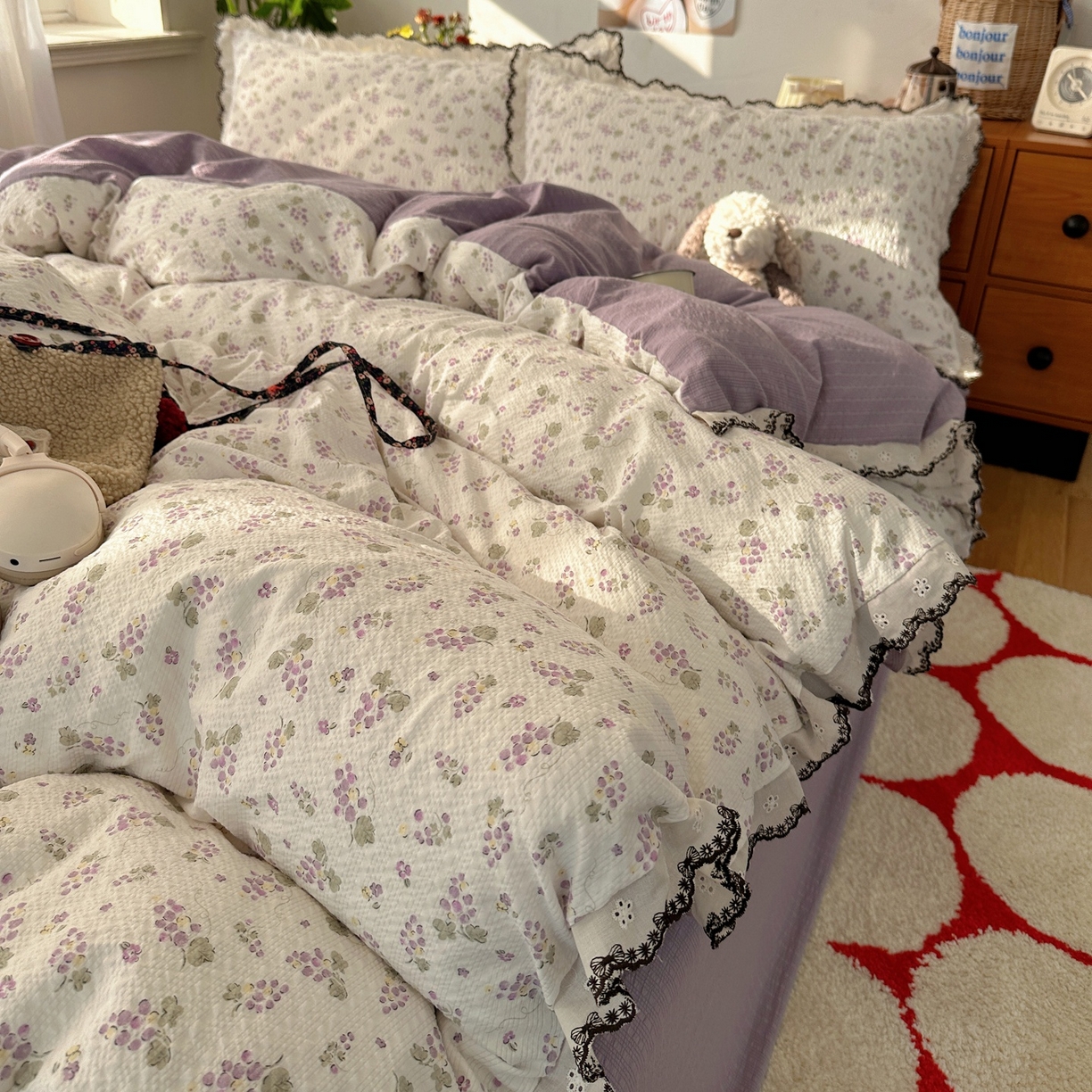 91家纺网 家纺一手货源 找家纺 顾里家纺 2026新款法式复古花边三层纱四件套（会员-2元） 紫葡萄