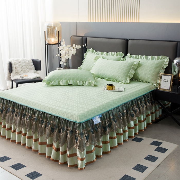 91家纺网 家纺一手货源 找家纺 怡源梦 2026新款A类PE聚乙烯冰豆豆提花床裙款席子凉席三件套-梦之约 梦之约-浅绿