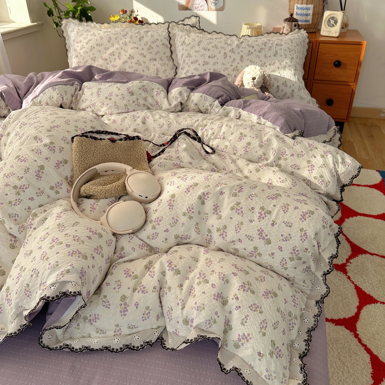 91家纺网 家纺一手货源 找家纺 顾里家纺 2026新款法式复古花边三层纱四件套（会员-2元） 紫葡萄