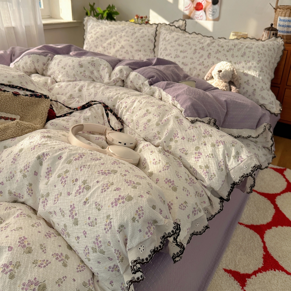 91家纺网 家纺一手货源 找家纺 顾里家纺 2026新款法式复古花边三层纱四件套（会员-2元） 紫葡萄