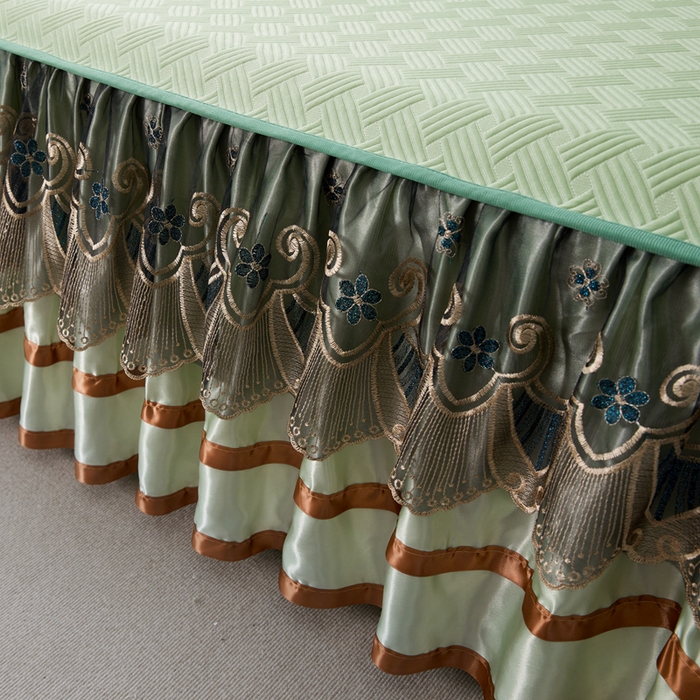 91家纺网 家纺一手货源 找家纺 怡源梦 2026新款A类PE聚乙烯冰豆豆提花床裙款席子凉席三件套-梦之约 梦之约-浅绿