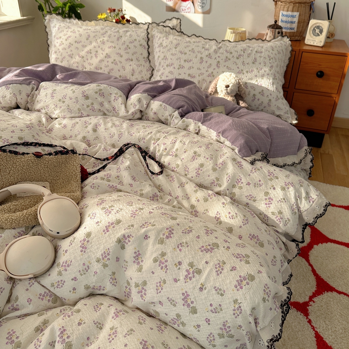 91家纺网 家纺一手货源 找家纺 顾里家纺 2026新款法式复古花边三层纱四件套（会员-2元） 紫葡萄