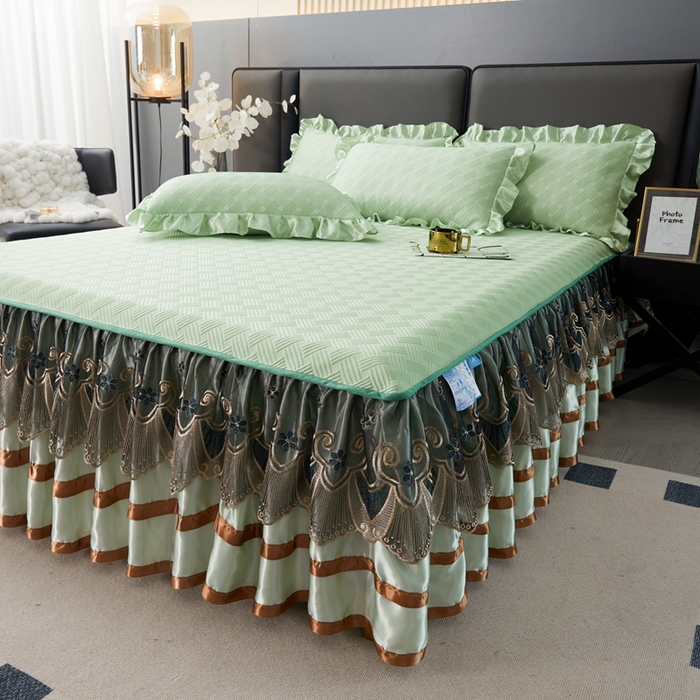91家纺网 家纺一手货源 找家纺 怡源梦 2026新款A类PE聚乙烯冰豆豆提花床裙款席子凉席三件套-梦之约 梦之约-浅绿
