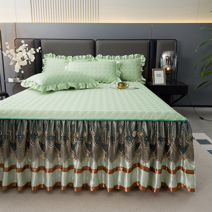 91家纺网 家纺一手货源 找家纺 怡源梦 2026新款A类PE聚乙烯冰豆豆提花床裙款席子凉席三件套-梦之约 梦之约-浅绿