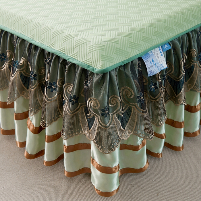 91家纺网 家纺一手货源 找家纺 怡源梦 2026新款A类PE聚乙烯冰豆豆提花床裙款席子凉席三件套-梦之约 梦之约-浅绿