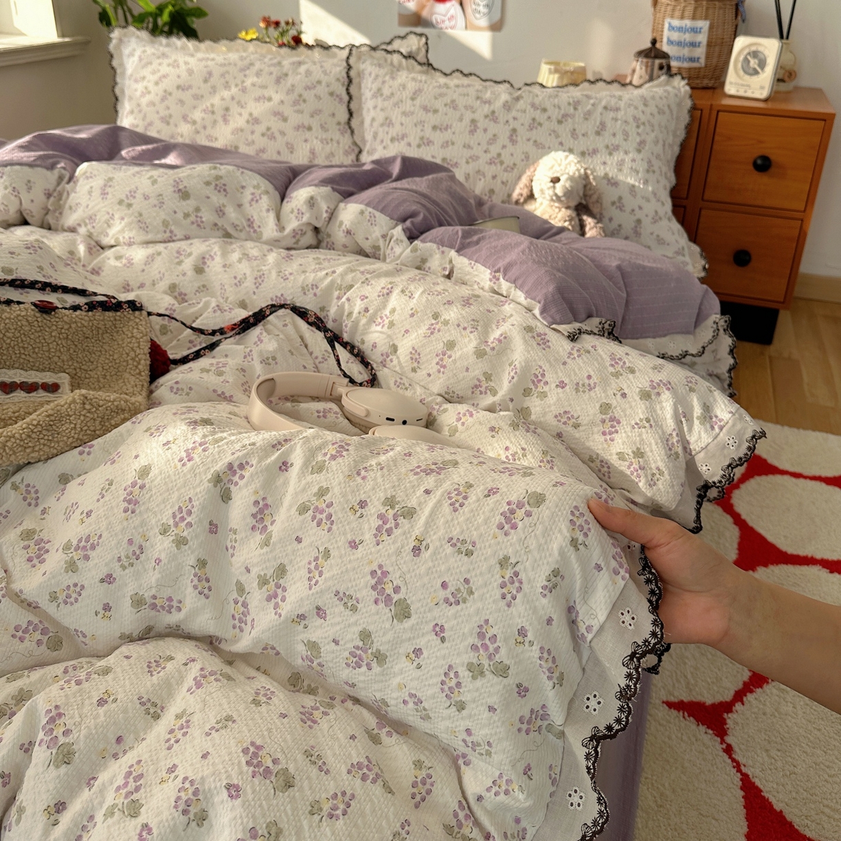 91家纺网 家纺一手货源 找家纺 顾里家纺 2026新款法式复古花边三层纱四件套（会员-2元） 紫葡萄