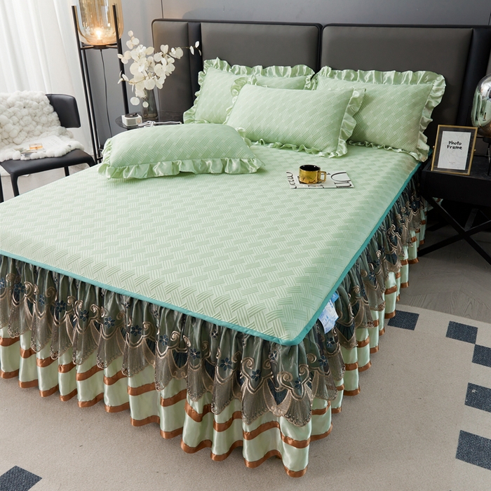91家纺网 家纺一手货源 找家纺 怡源梦 2026新款A类PE聚乙烯冰豆豆提花床裙款席子凉席三件套-梦之约 梦之约-浅绿