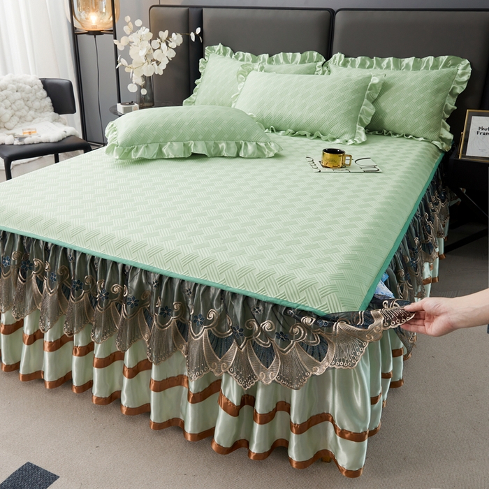 91家纺网 家纺一手货源 找家纺 怡源梦 2026新款A类PE聚乙烯冰豆豆提花床裙款席子凉席三件套-梦之约 梦之约-浅绿