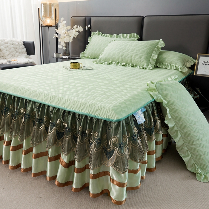 91家纺网 家纺一手货源 找家纺 怡源梦 2026新款A类PE聚乙烯冰豆豆提花床裙款席子凉席三件套-梦之约 梦之约-浅绿