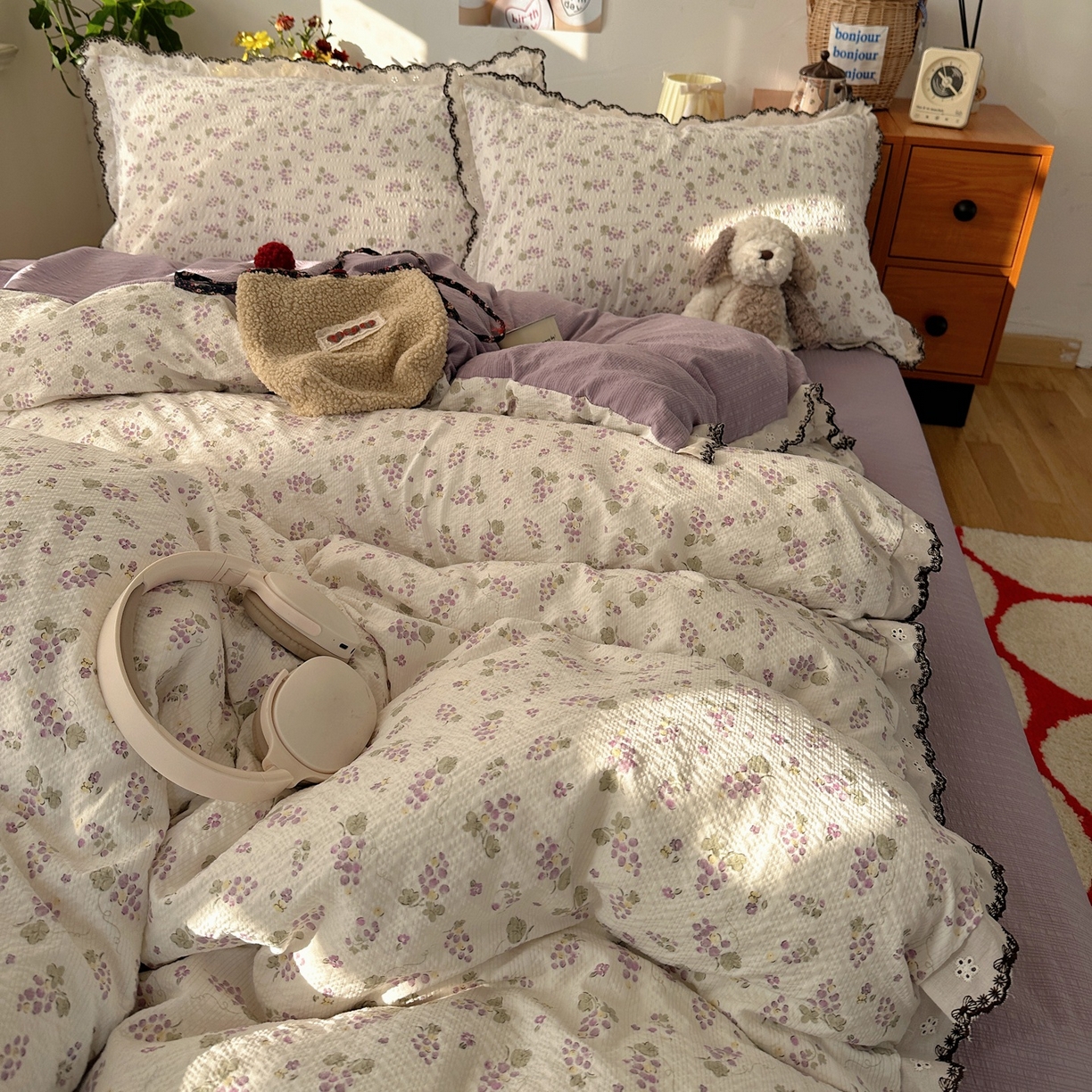 91家纺网 家纺一手货源 找家纺 顾里家纺 2026新款法式复古花边三层纱四件套（会员-2元） 紫葡萄