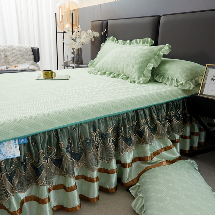 91家纺网 家纺一手货源 找家纺 怡源梦 2026新款A类PE聚乙烯冰豆豆提花床裙款席子凉席三件套-梦之约 梦之约-浅绿