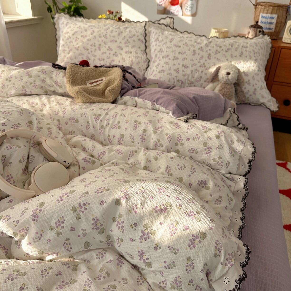 91家纺网 家纺一手货源 找家纺 顾里家纺 2026新款法式复古花边三层纱四件套（会员-2元） 紫葡萄