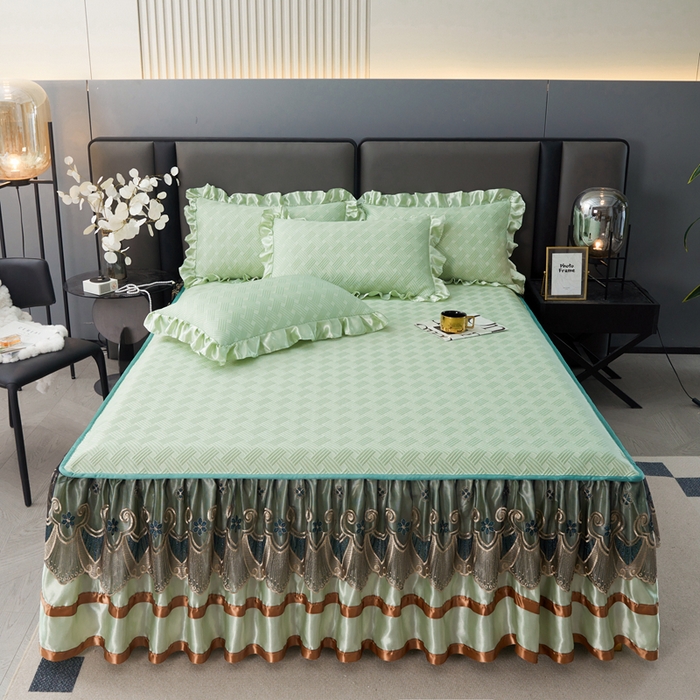 91家纺网 家纺一手货源 找家纺 怡源梦 2026新款A类PE聚乙烯冰豆豆提花床裙款席子凉席三件套-梦之约 梦之约-浅绿