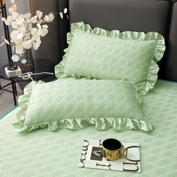 91家纺网 家纺一手货源 找家纺 怡源梦 2026新款A类PE聚乙烯冰豆豆提花床裙款席子凉席三件套-梦之约 梦之约-浅绿