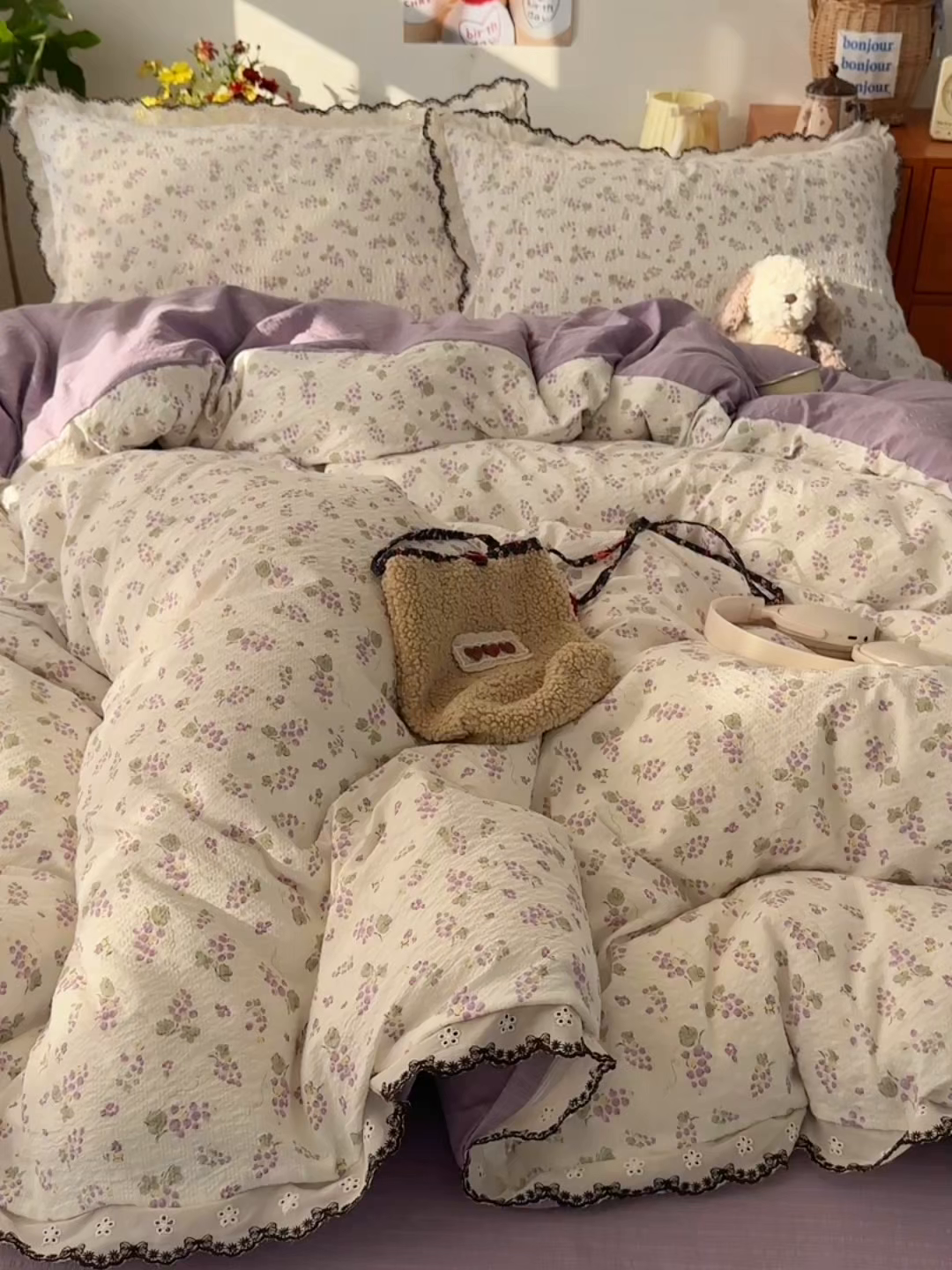 91家纺网 家纺一手货源 找家纺 顾里家纺 2026新款法式复古花边三层纱四件套（会员-2元） 紫葡萄