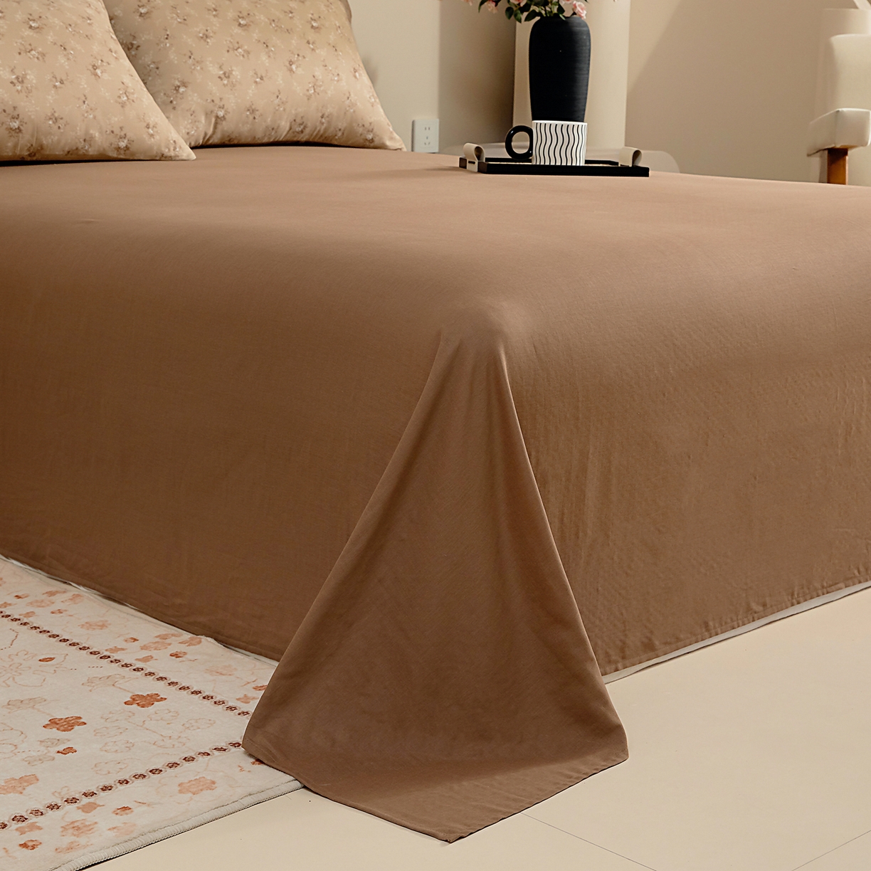 91家纺网 家纺一手货源 找家纺 情煊家纺 2026新款全棉双层纱单品床单 深咖