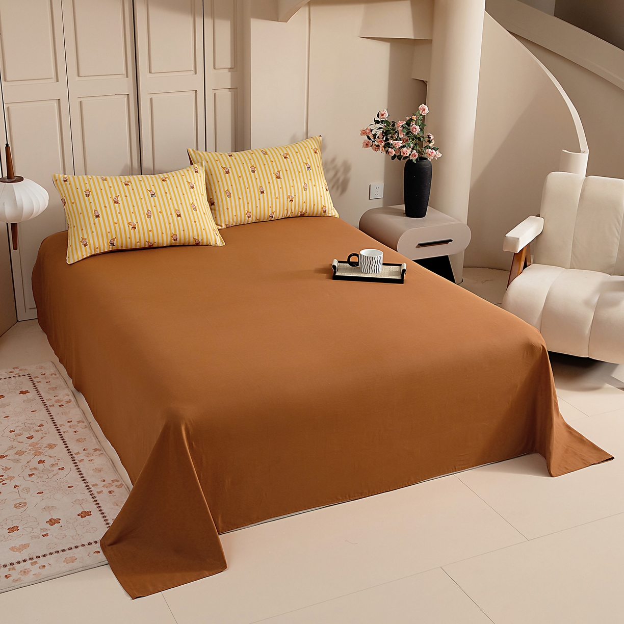 情煊家纺 2026新款全棉双层纱单品床单 焦糖