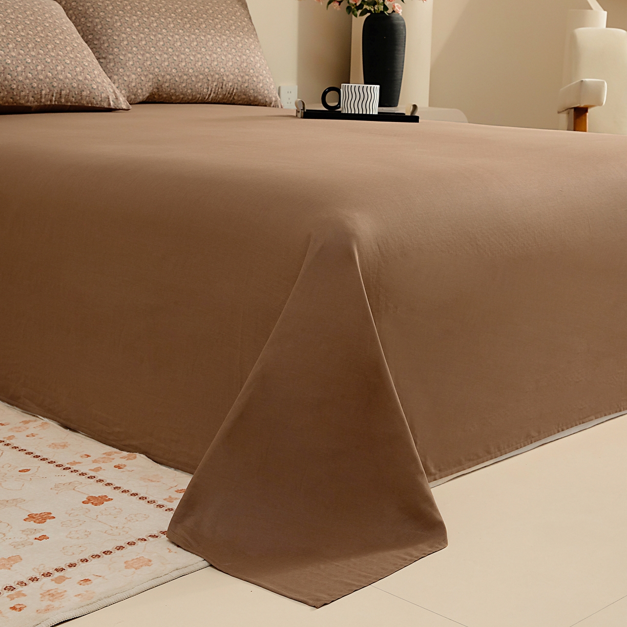 91家纺网 家纺一手货源 找家纺 情煊家纺 2026新款全棉双层纱单品床单 深咖