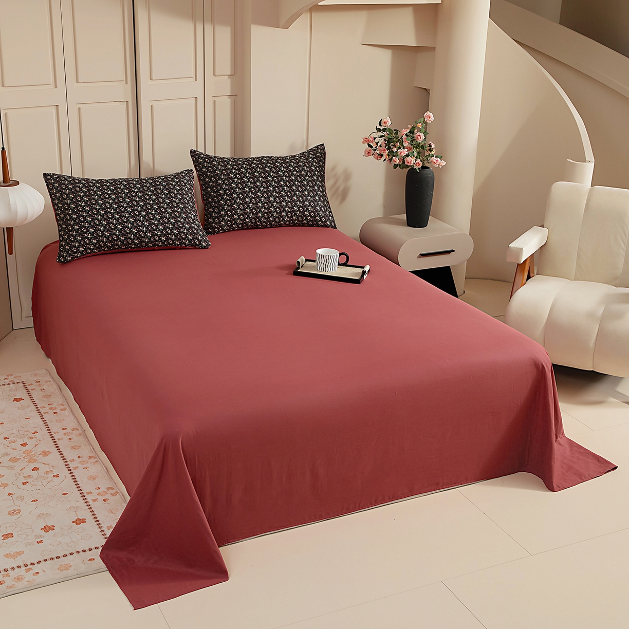 情煊家纺 2026新款全棉双层纱单品床单 胭脂红