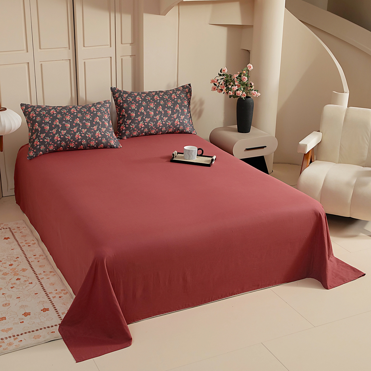 91家纺网 家纺一手货源 找家纺 情煊家纺 2026新款全棉双层纱单品床单 胭脂红