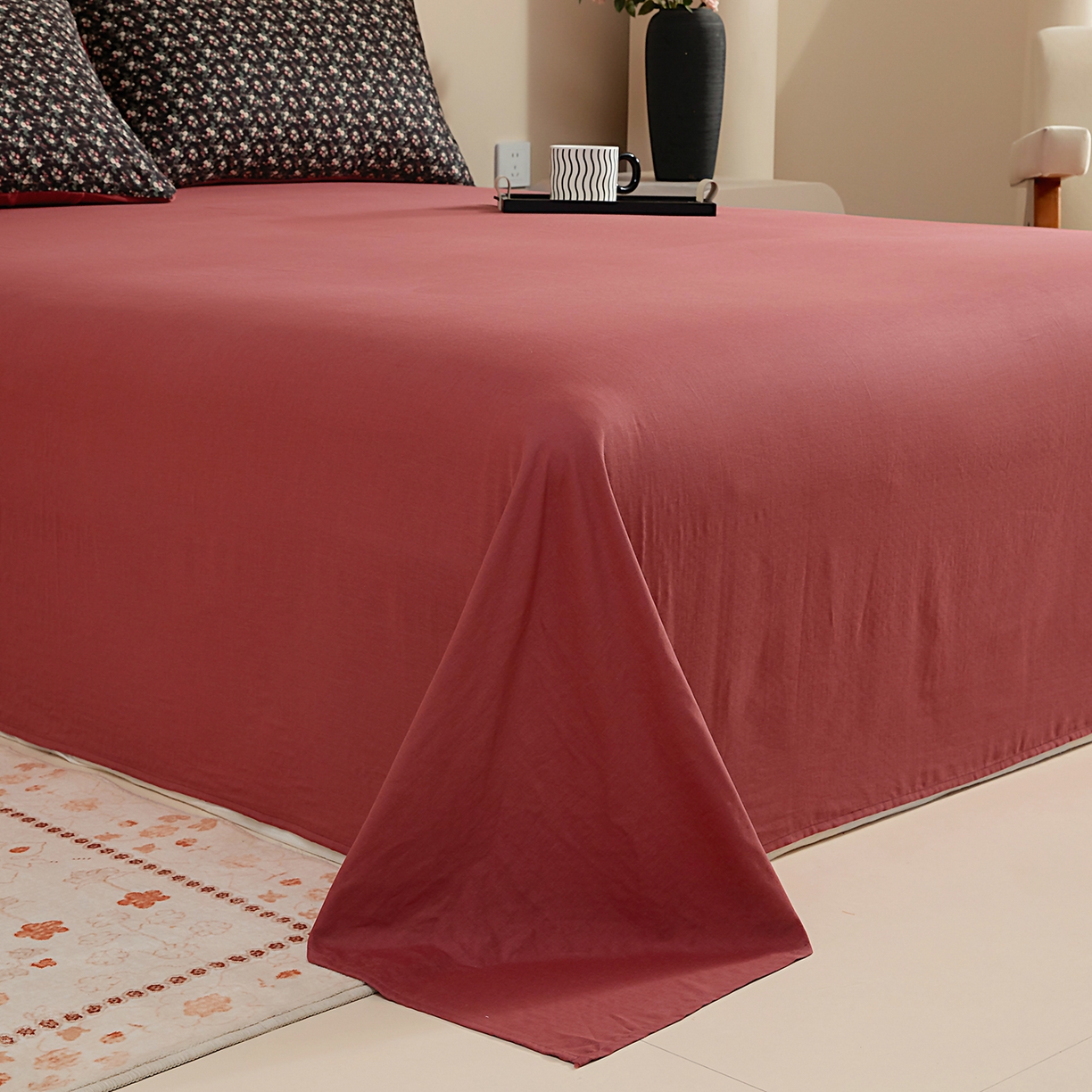 91家纺网 家纺一手货源 找家纺 情煊家纺 2026新款全棉双层纱单品床单 胭脂红