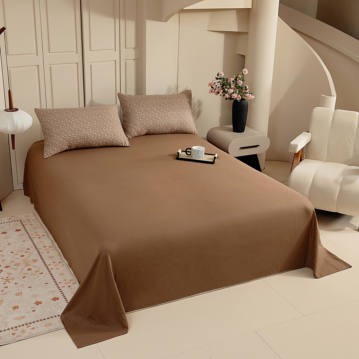 91家纺网 家纺一手货源 找家纺 情煊家纺 2026新款全棉双层纱单品床单 深咖