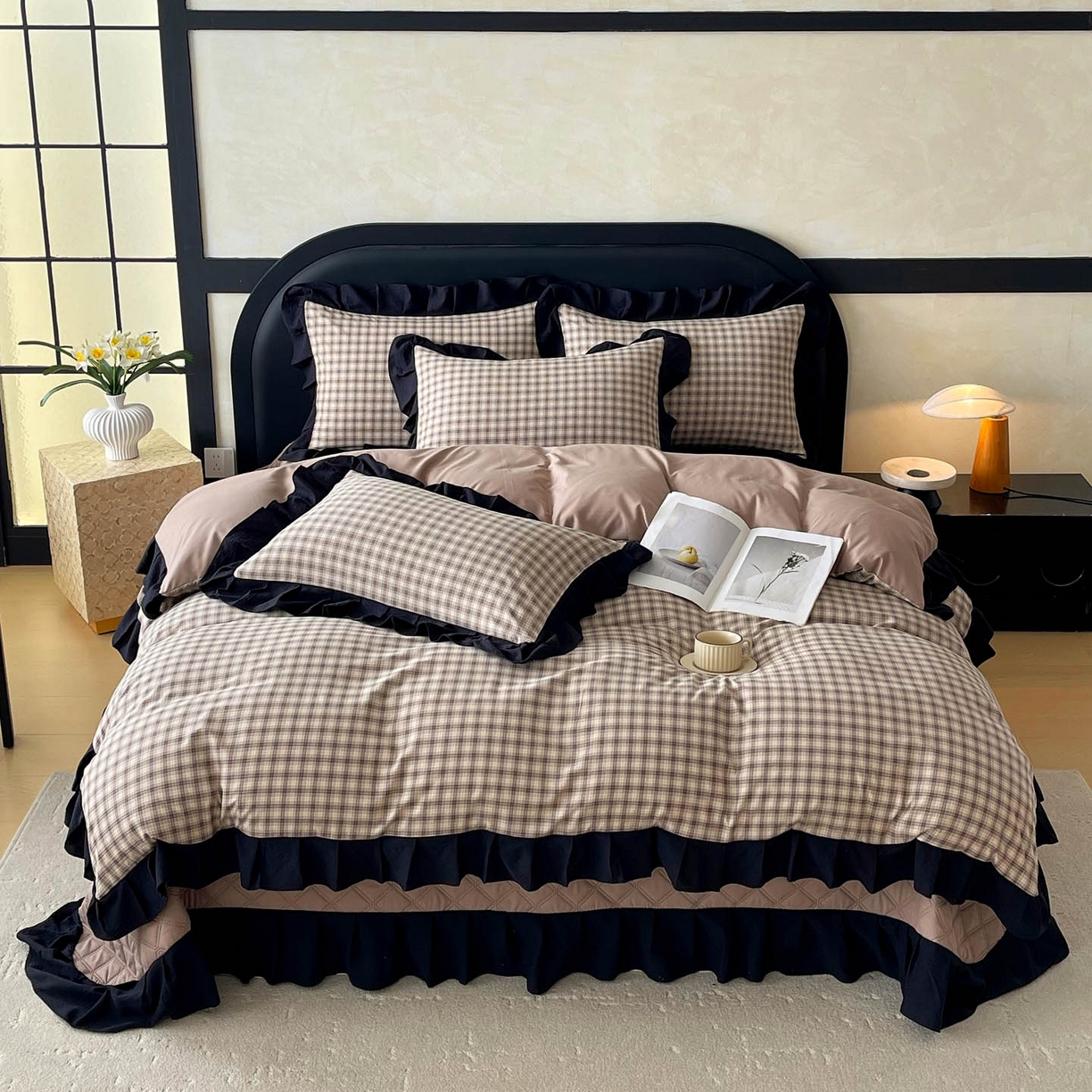 91家纺网 家纺一手货源 找家纺 （总）锦彩家居 2026新款花边格子复古风夹棉床盖四件套-西西里岛系列