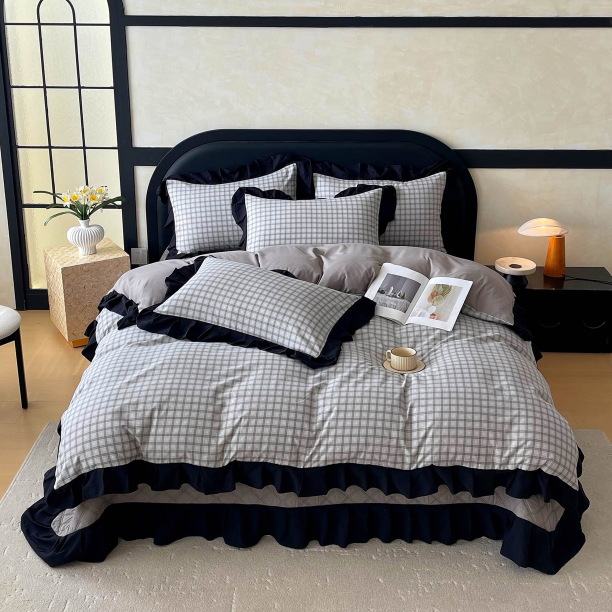 锦彩家居 2026新款花边格子复古风夹棉床盖四件套-西西里岛系列 西西里岛-山灰