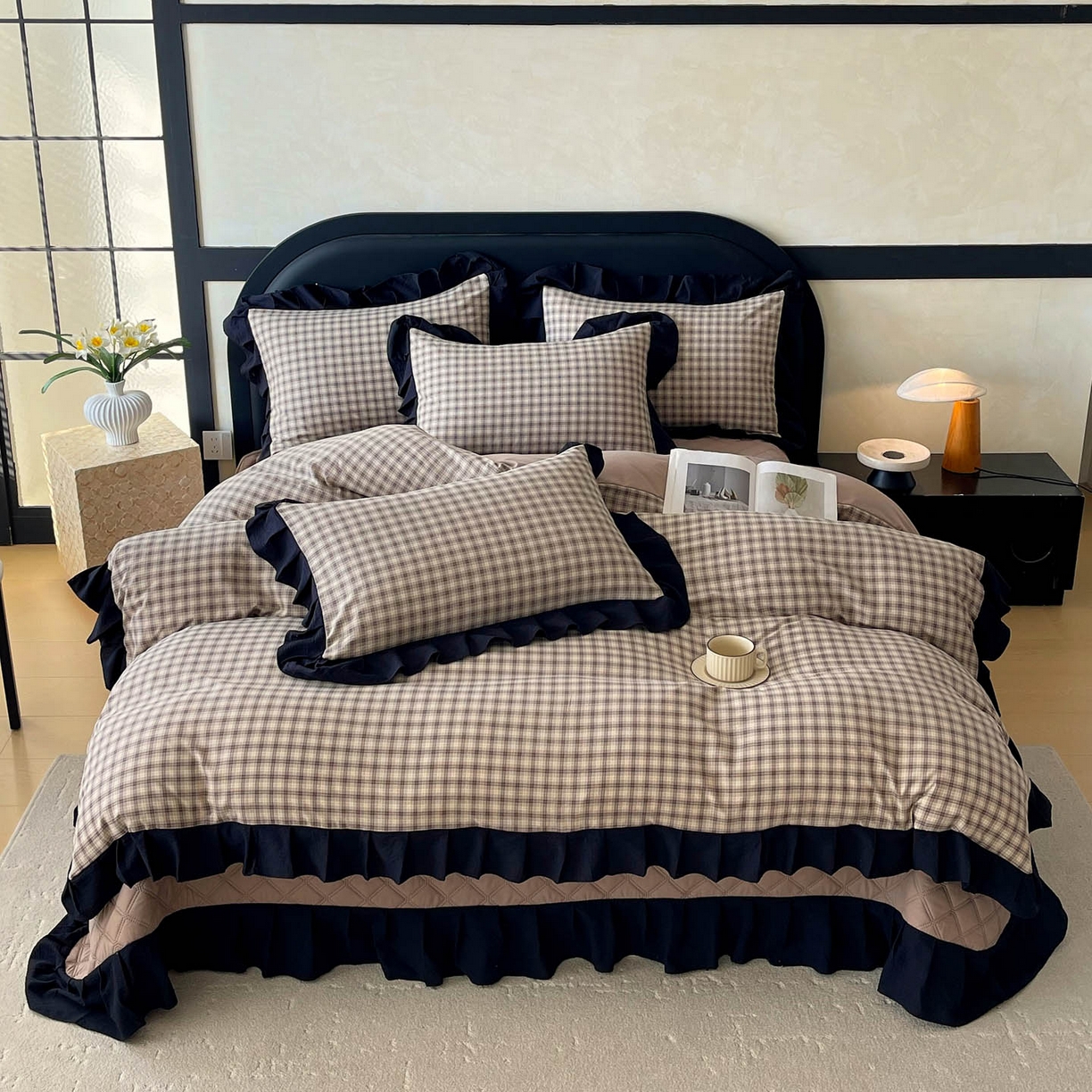 锦彩家居 2026新款花边格子复古风夹棉床盖四件套-西西里岛系列 西西里岛-咖色