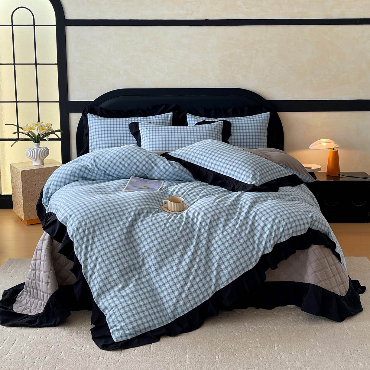 91家纺网 家纺一手货源 找家纺 锦彩家居 2026新款花边格子复古风夹棉床盖四件套-西西里岛系列 西西里岛-天蓝