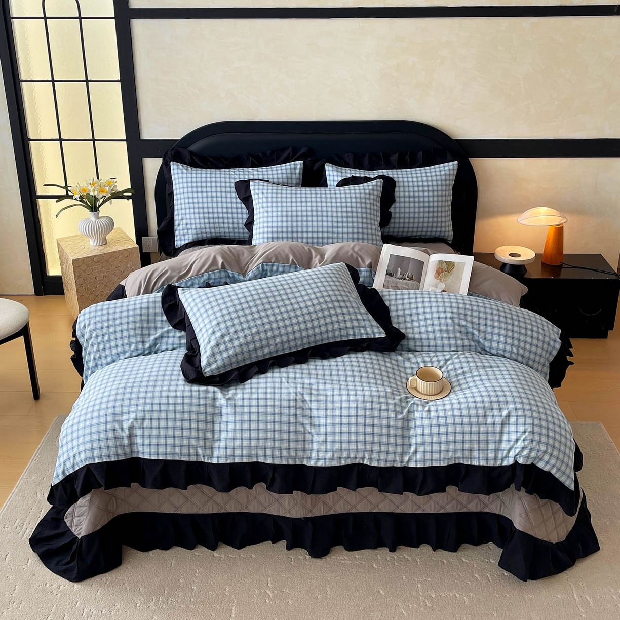 91家纺网 家纺一手货源 找家纺 锦彩家居 2026新款花边格子复古风夹棉床盖四件套-西西里岛系列 西西里岛-天蓝