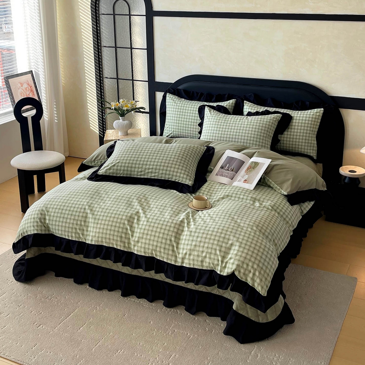 91家纺网 家纺一手货源 找家纺 锦彩家居 2026新款花边格子复古风夹棉床盖四件套-西西里岛系列 西西里岛-藤绿