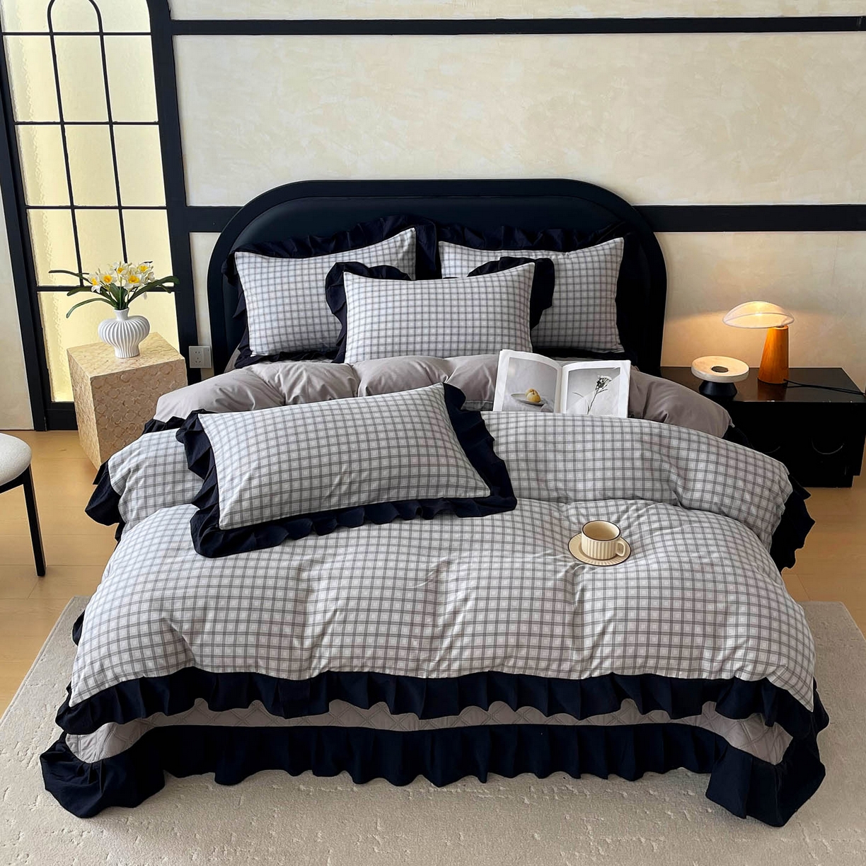 91家纺网 家纺一手货源 找家纺 锦彩家居 2026新款花边格子复古风夹棉床盖四件套-西西里岛系列 西西里岛-山灰