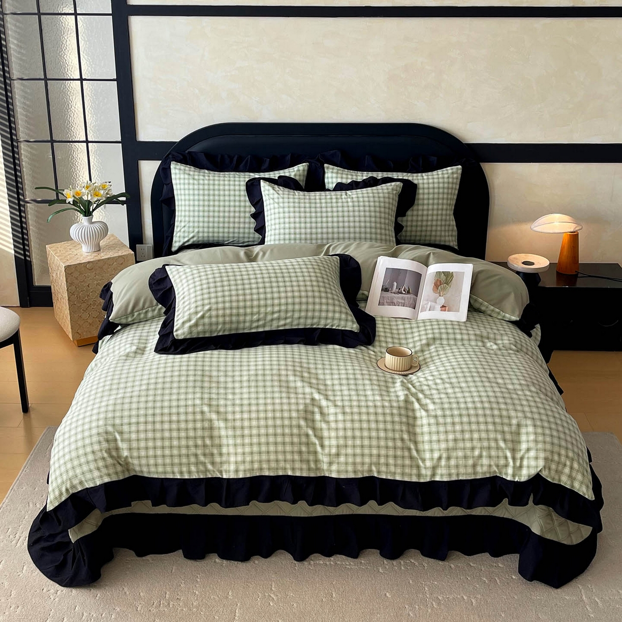 锦彩家居 2026新款花边格子复古风夹棉床盖四件套-西西里岛系列 西西里岛-藤绿