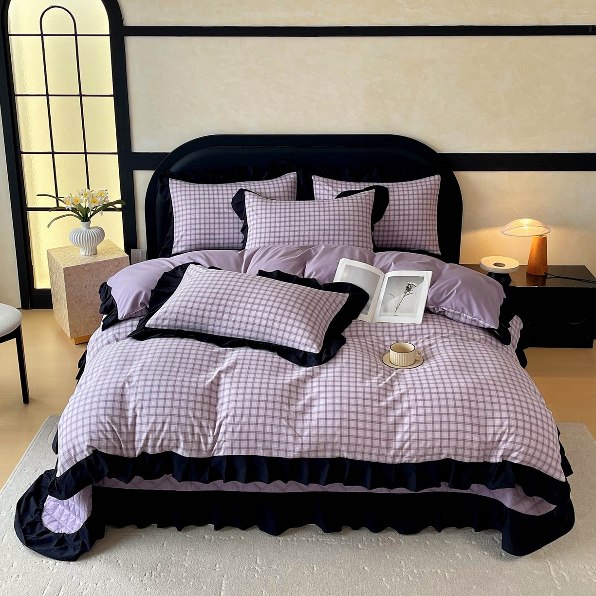 锦彩家居 2026新款花边格子复古风夹棉床盖四件套-西西里岛系列 西西里岛-浅紫