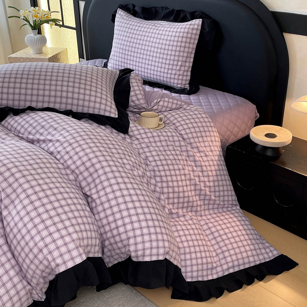 91家纺网 家纺一手货源 找家纺 锦彩家居 2026新款花边格子复古风夹棉床盖四件套-西西里岛系列 西西里岛-浅紫