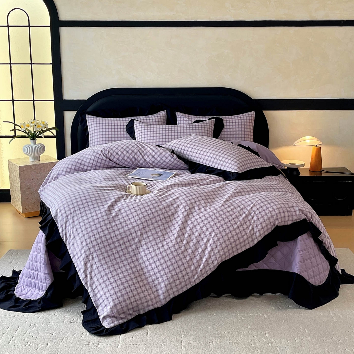91家纺网 家纺一手货源 找家纺 锦彩家居 2026新款花边格子复古风夹棉床盖四件套-西西里岛系列 西西里岛-浅紫