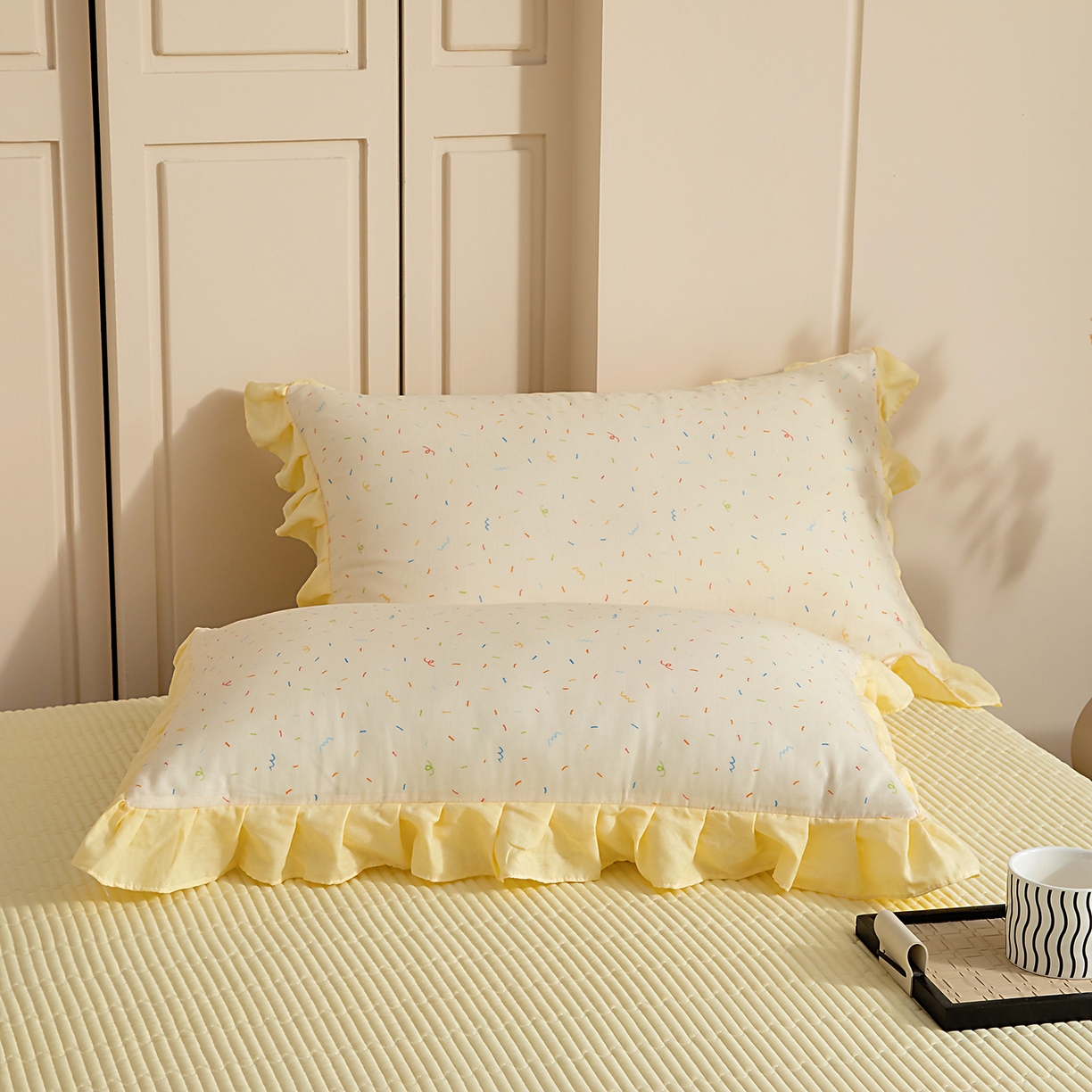 情煊家纺 2026新款全棉双层纱单品枕套 花边款-冰淇淋