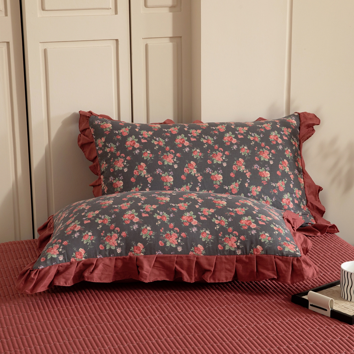 情煊家纺 2026新款全棉双层纱单品枕套 花边款-缪斯