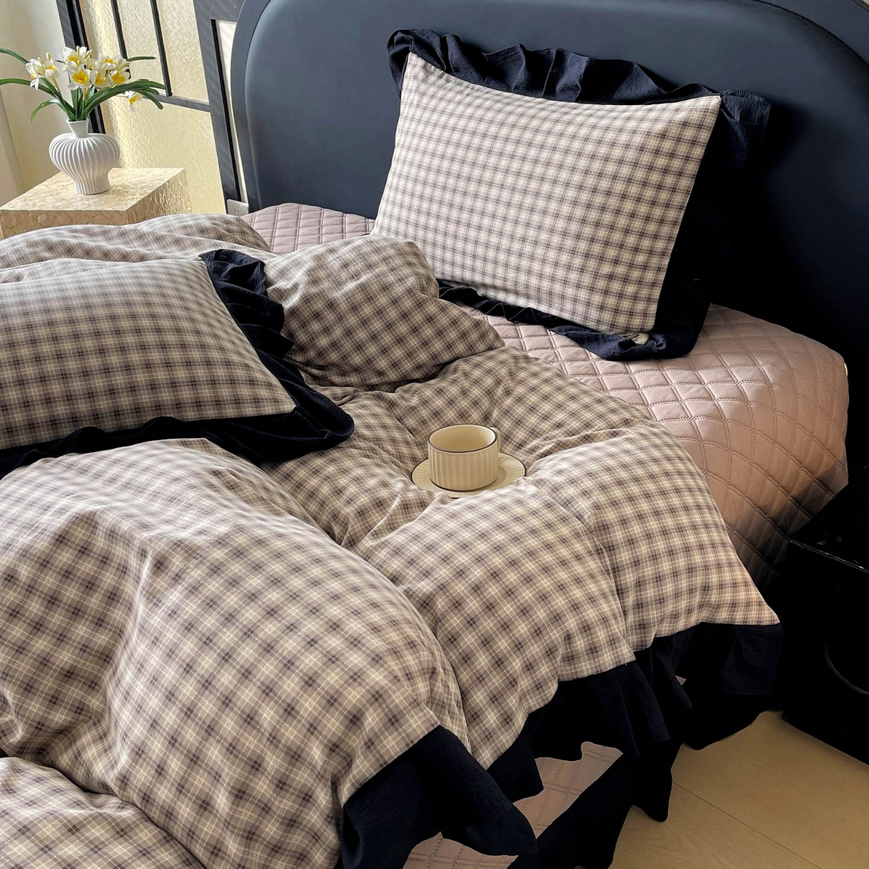 91家纺网 家纺一手货源 找家纺 （总）锦彩家居 2026新款花边格子复古风夹棉床盖四件套-西西里岛系列