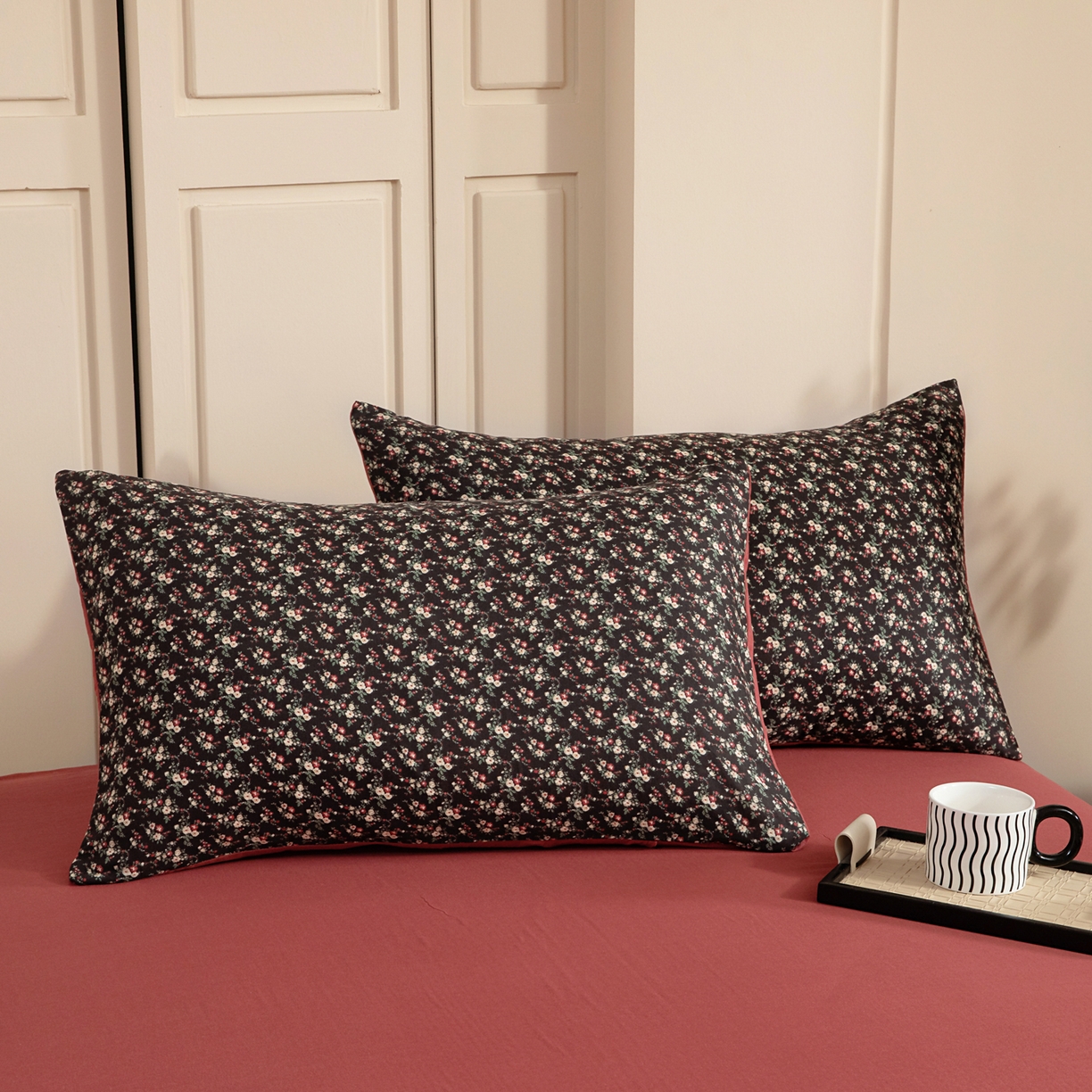 情煊家纺 2026新款全棉双层纱单品枕套 经典款-海棠红