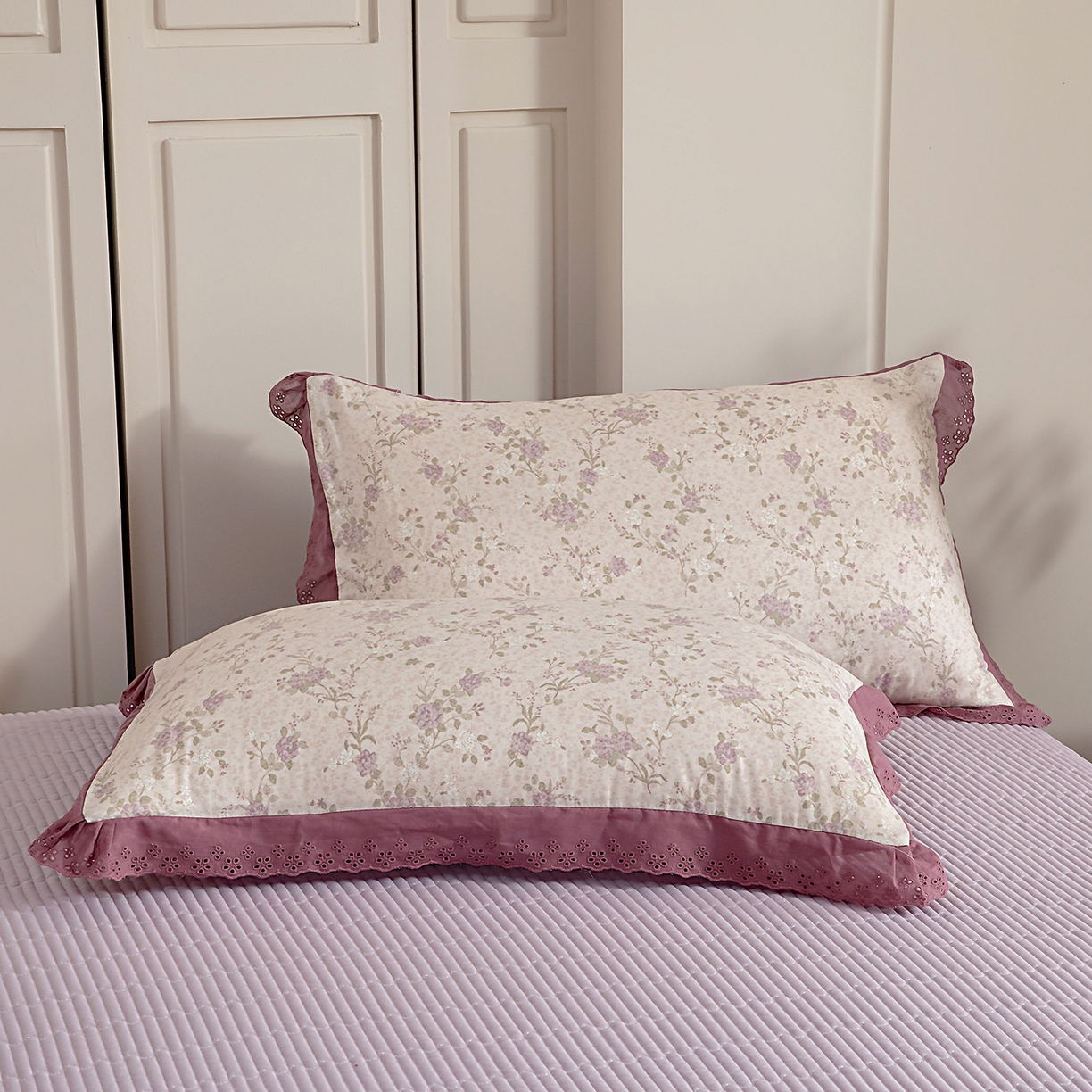 情煊家纺 2026新款全棉双层纱单品枕套 绣花款-巴黎晚香