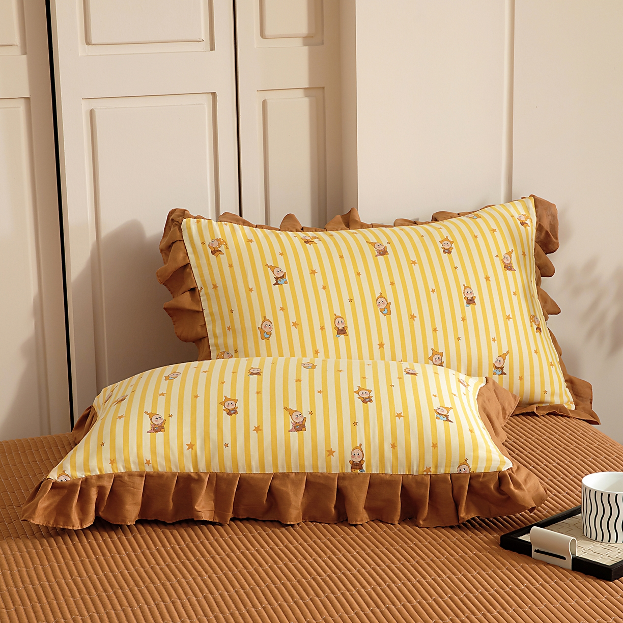 情煊家纺 2026新款全棉双层纱单品枕套 花边款-星星人