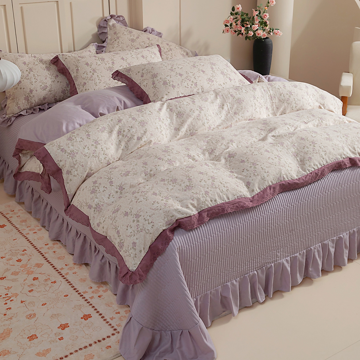 91家纺网 家纺一手货源 找家纺 （总）情煊家纺 2026新款全棉双层纱花边款绣花款四件套