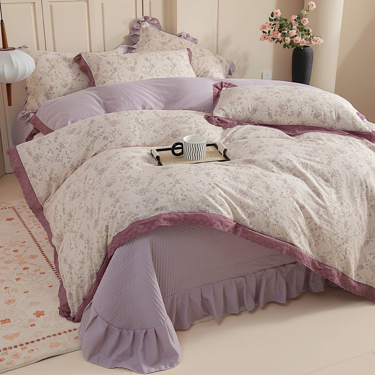 91家纺网 家纺一手货源 找家纺 （总）情煊家纺 2026新款全棉双层纱花边款绣花款四件套