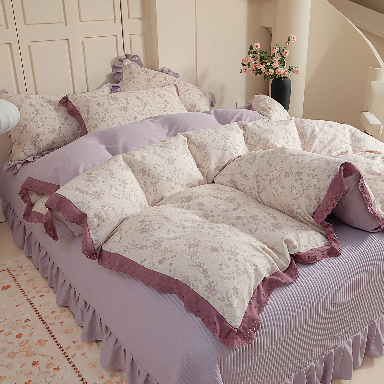 91家纺网 家纺一手货源 找家纺 情煊家纺 2026新款全棉双层纱花边款绣花款单被套 绣花款-巴黎晚香