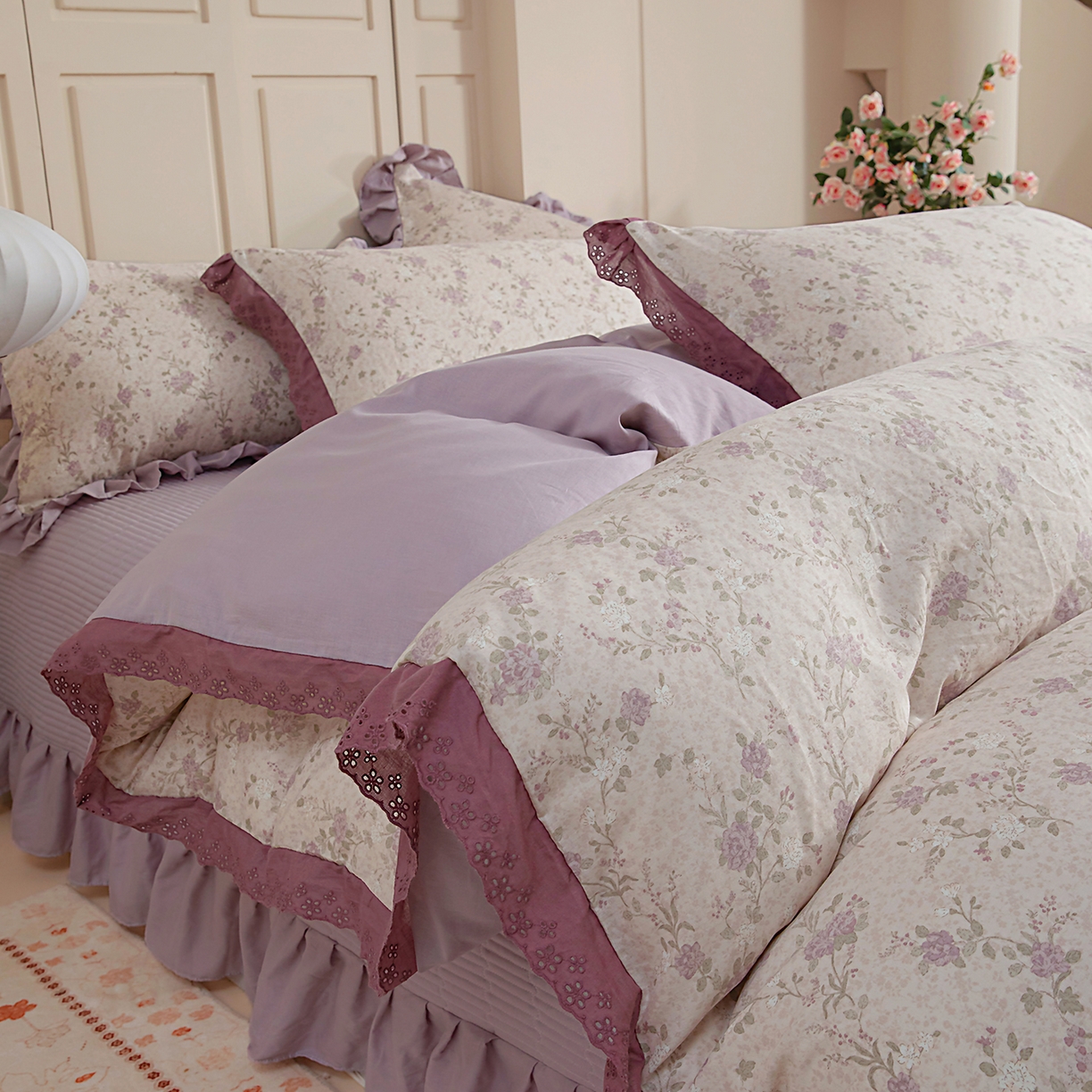 91家纺网 家纺一手货源 找家纺 （总）情煊家纺 2026新款全棉双层纱花边款绣花款四件套